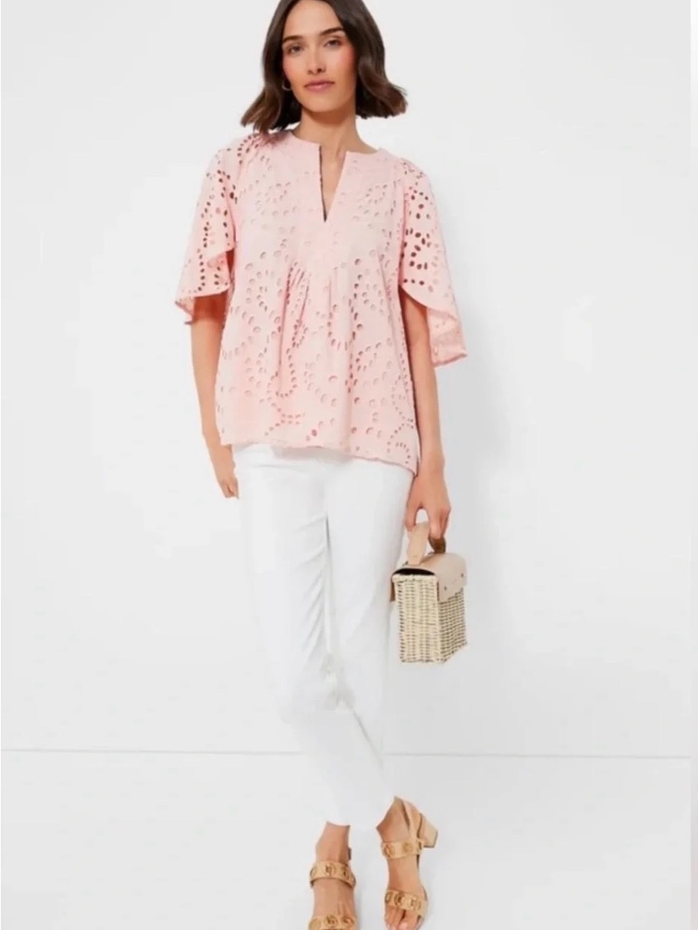 Tuckernuck Finley Eyelet Flutter Sleeve Top - Pink Size Small